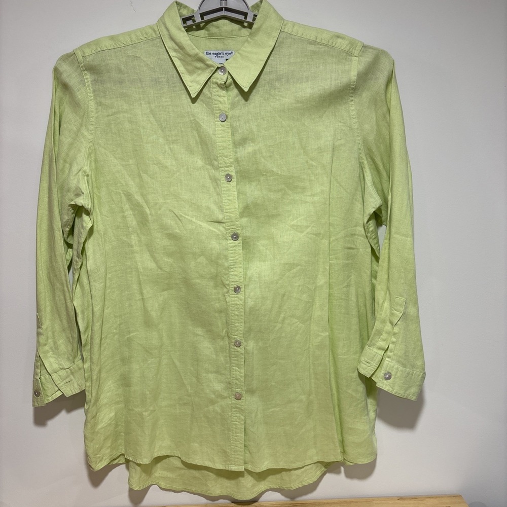 Eagle's Eye Woman Neon‎ Green Linen Blouse Tunic Length 3/4 Sleeve 1X FLAW